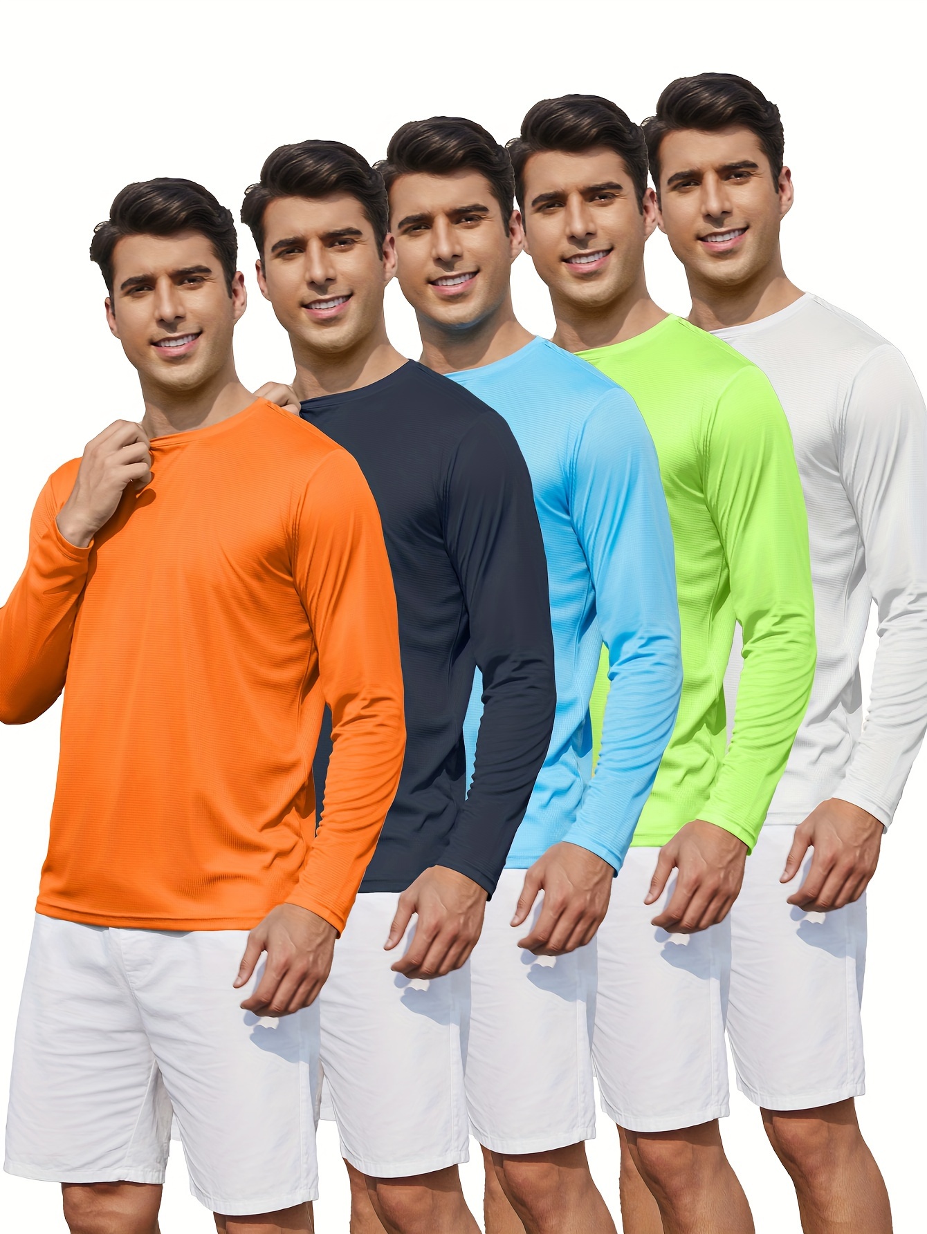 5-Pack Men’s Crew Neck Long Sleeve T-Shirts – Quick-Dry Polyester Casual Solid Color Tops for Sports & Leisure