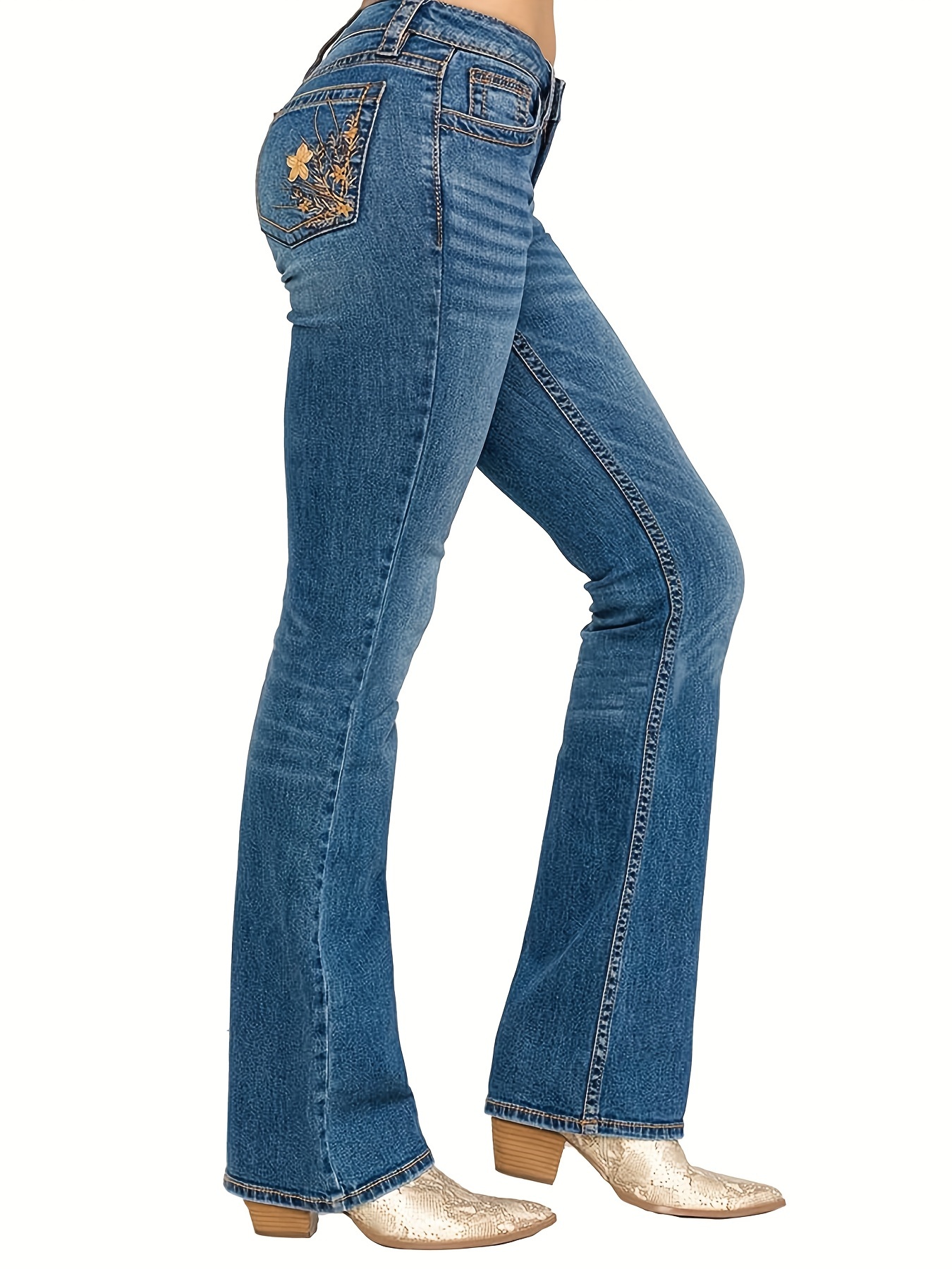 womens retro stretch flare jeans floral embroidery back - Temu 