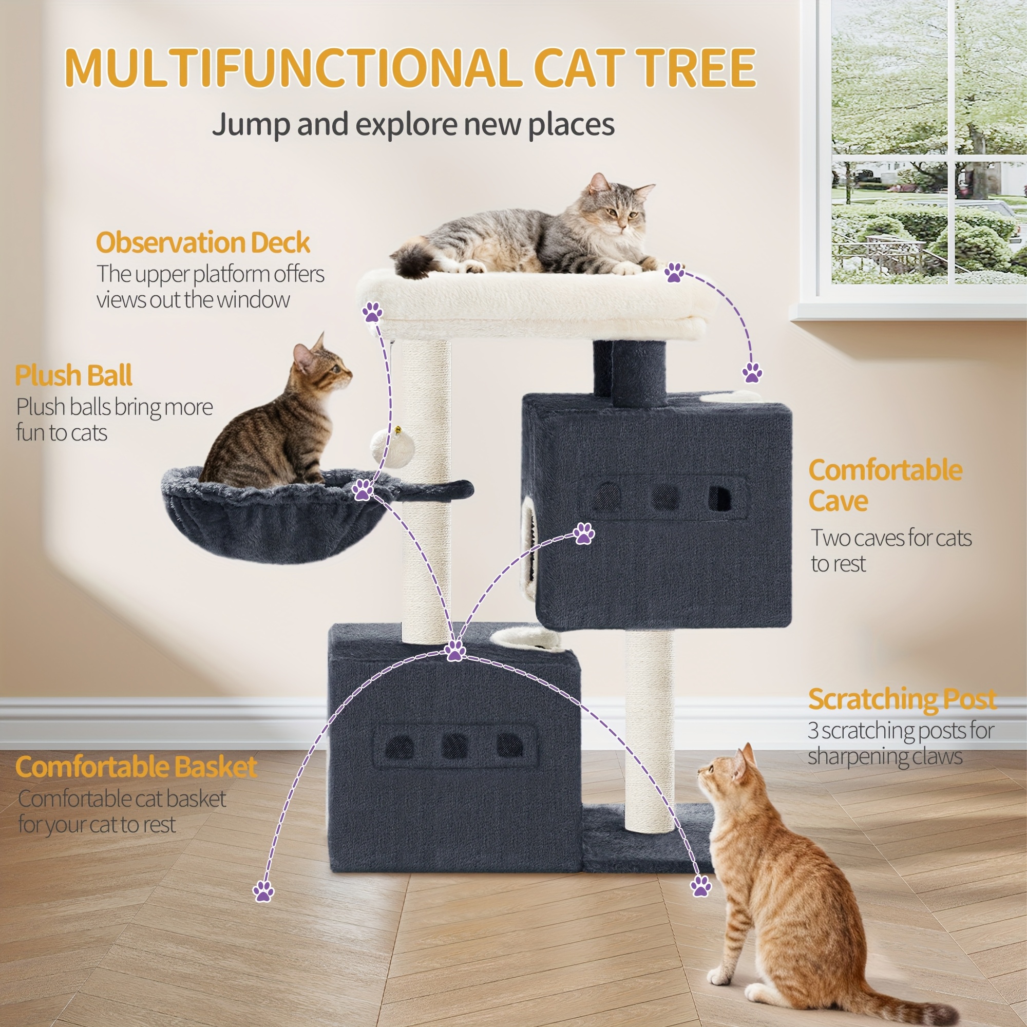 75 Cm Sturdy Cat Tower With Scratching Post, Spacious Resting Area, Cat Cave, Sisal-covered Posts, Basket, Plush Balls, And In Beige, Dark Gray, And Light Gray