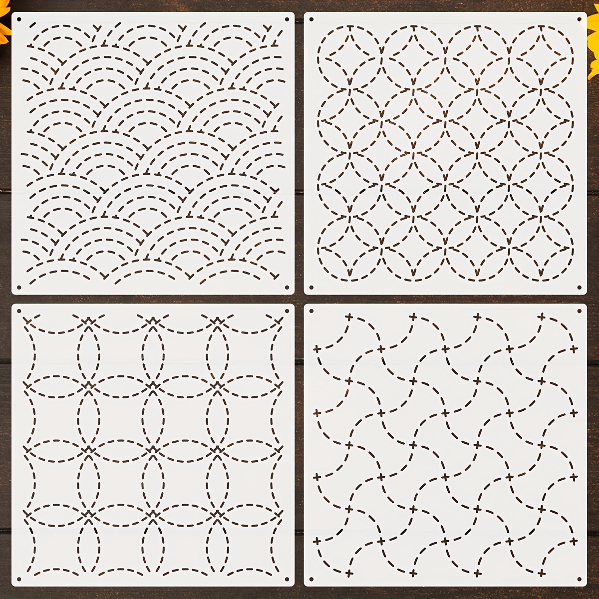 E-shop 4er-Set -Stickvorlagen, Wiederverwendbare Zeichenschablonen, Geometrische Muster für Stoff & Leinwand, Deko für Zuhause & Möbel, Langlebiges