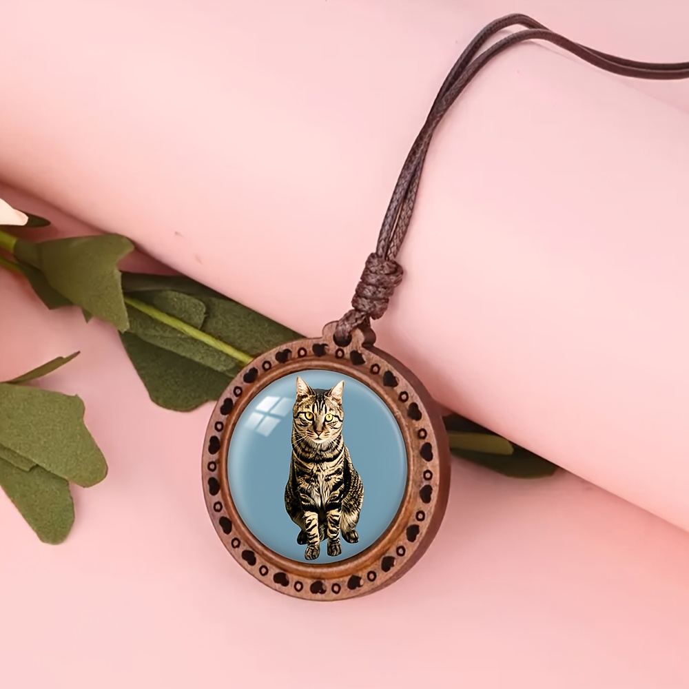 Tiger-Striped Cat Heart Wooden Necklace, Cute Gift