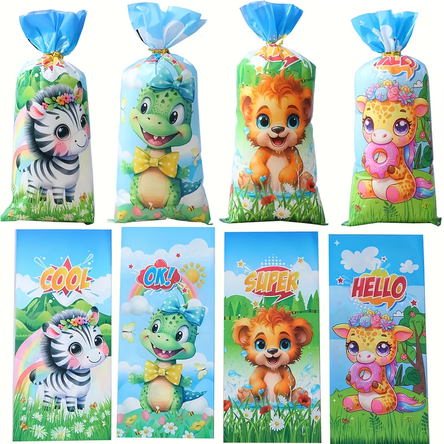 

50pcs Assorted Cartoon Animal Candy Bags, Plastic Gift Pouches With Ribbon, Zebra Print, For Birthday Party & Gift Wrapping, Office Supplies, Home &