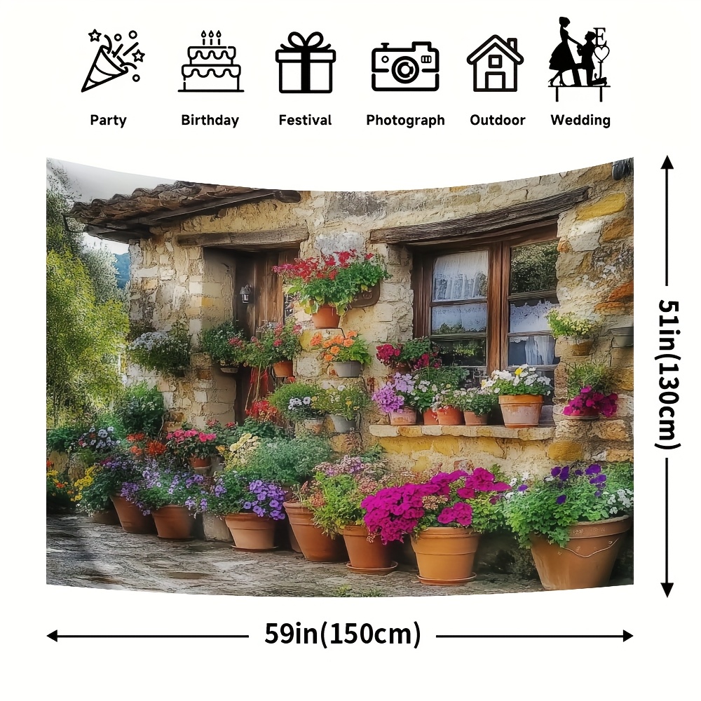 TEMU 1pc Vibrant Landscape Canvas Print - 100% Polyester, Colorful Flowers & Rustic Stone Wall Design, Perfect For Home & Party Decor, Indoor/outdoor