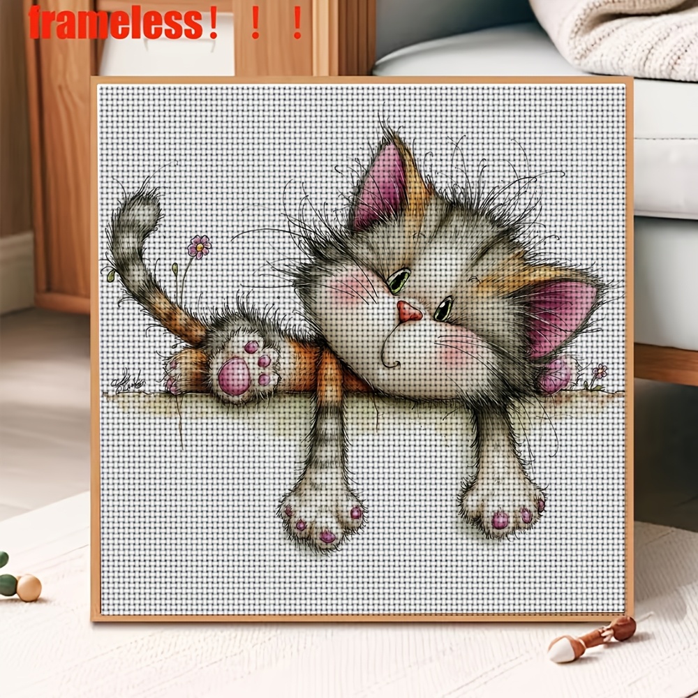 DIY Cross-Stitch Printed Kit, Cartoon Kitten Pattern for Beginners