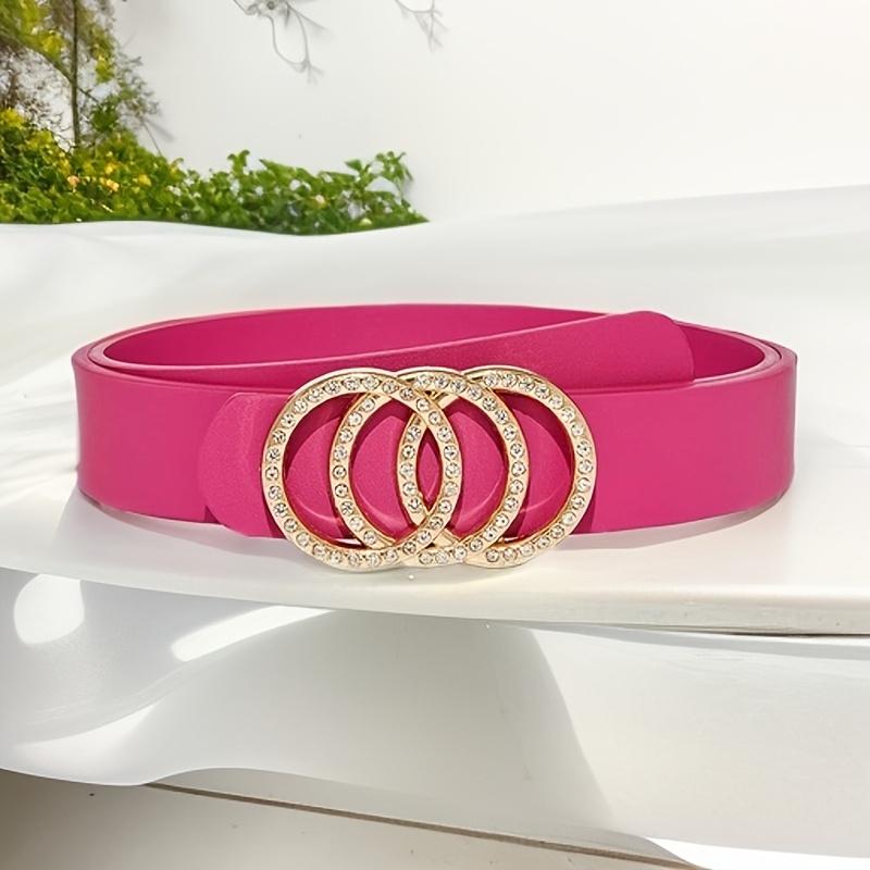 Rose Red Belt with Rhinestone Buckle - Adjustable Waist