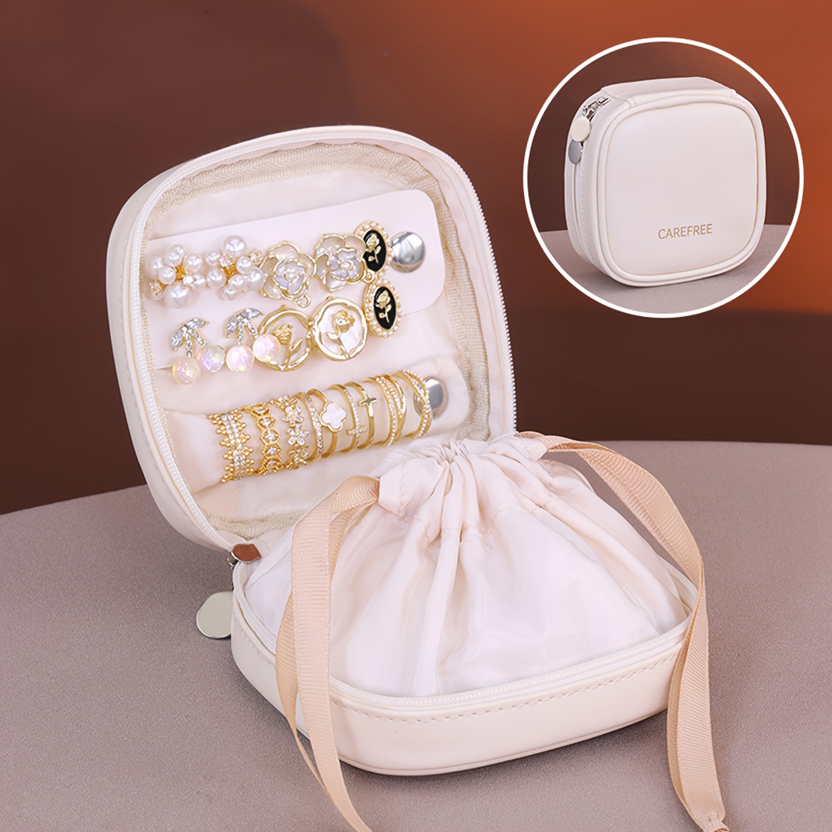 1 stuks Draagbare PU Sieradendoos voor Oorbellen Ringen Reis Organizer PU Ketting Armband Trekkoord Zakje, Sieradendozen