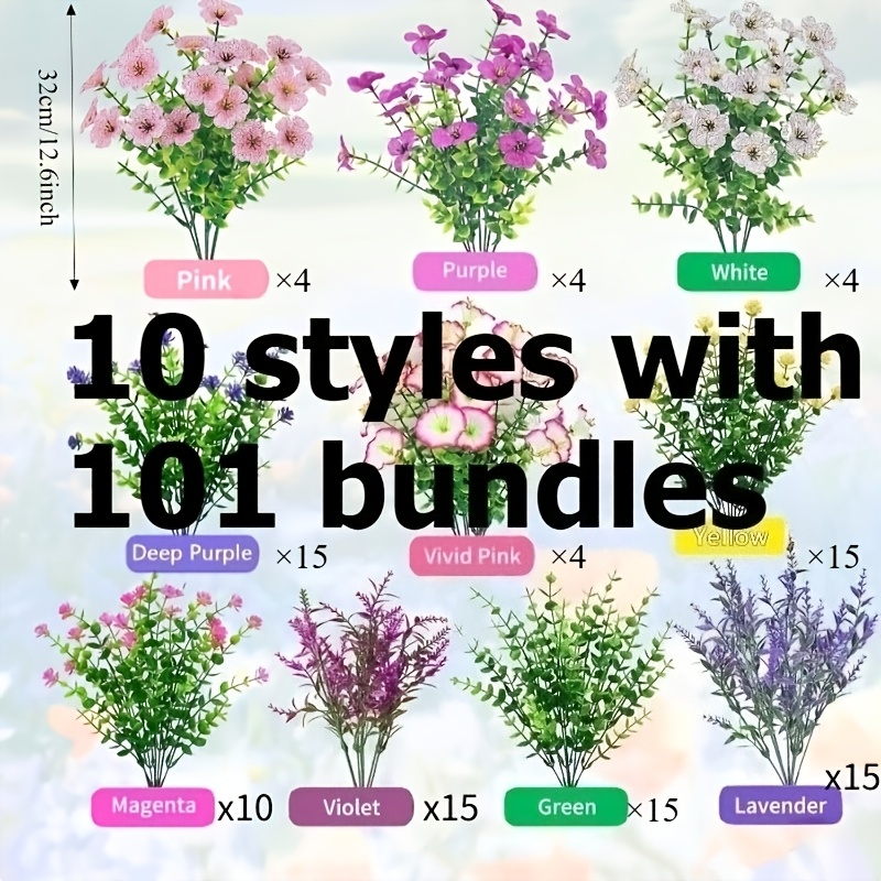 TEMU Ramo de flores artificiales para exteriores de 101 piezas, lavanda, , de zorro, hojas de eucalipto, flores artificiales resistentes a los rayos
