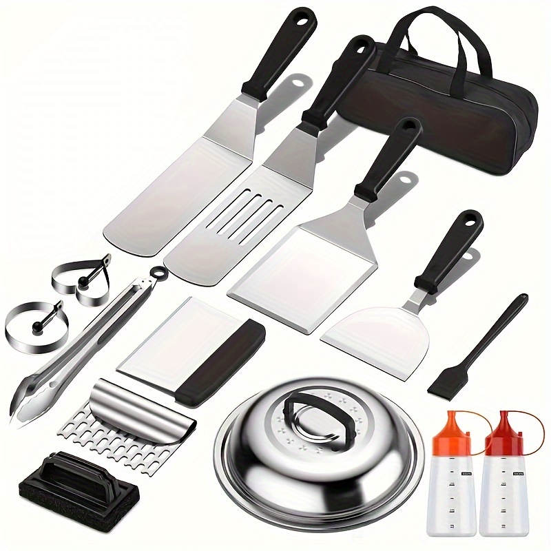 

Stainless Steel Kitchen Griddle Accessory Set With Oil Splash Guard, Spatulas, Scraper & Seasoning Bottles - Durable Cooking Tools For Home & Outdoor Use With Carrying Bag