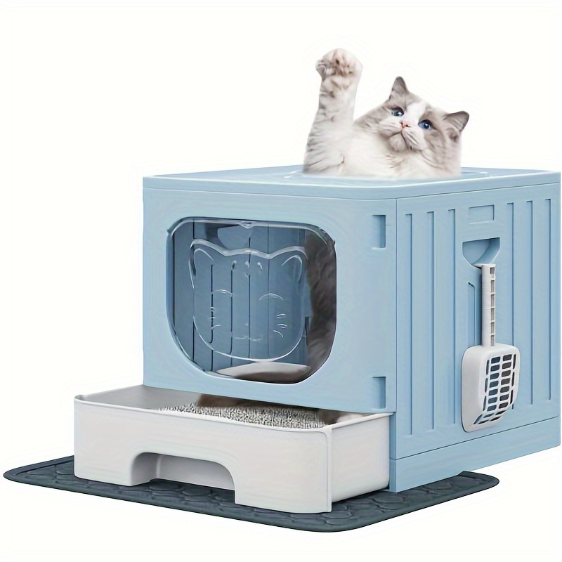 

Homiflex Enclosed Cat Litter Box With Entry/, Large Hooded Litter Box With Mat And Litter , Easy Assemly And Cleaning - Blue