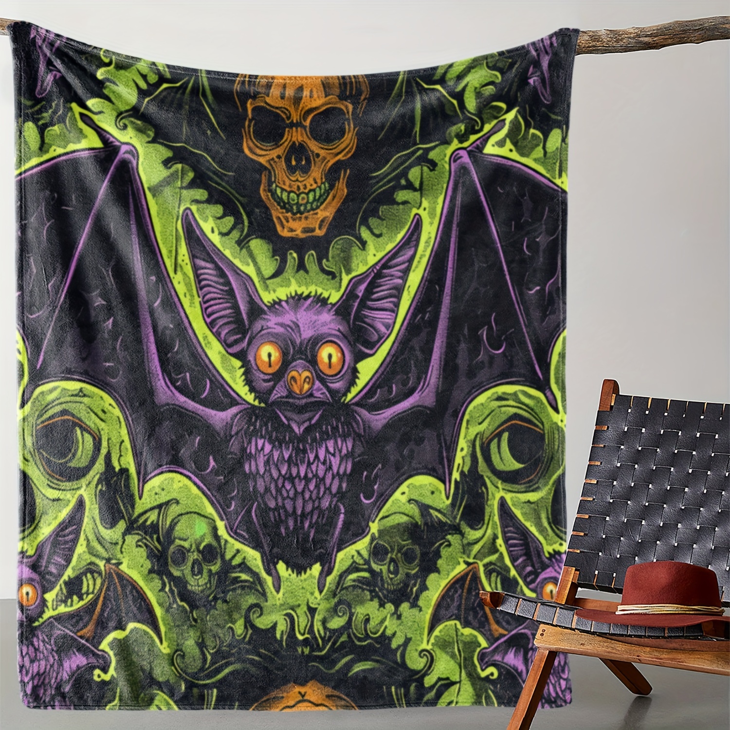 

Cozy Vintage-style Flannel Blanket With Halloween Bat & Design - Soft, Warm Throw For Couch, Bed, Office, And Travel - All-season Comfort