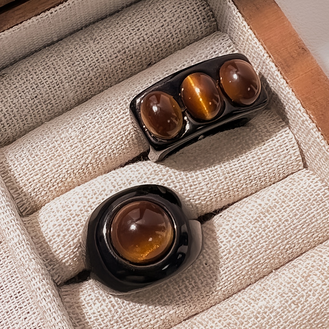 Image of 2pcs/set Stone & Black Wide Resin Rings, Ring Set, Gift For