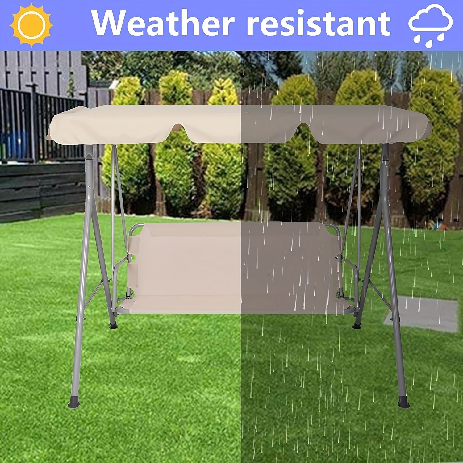 [Weather Resistant Patio Swing] 3-Seat Weather Resistant Outdoor Patio Swing Chair - Adjustable Tilt Canopy, Steel Frame, Beige