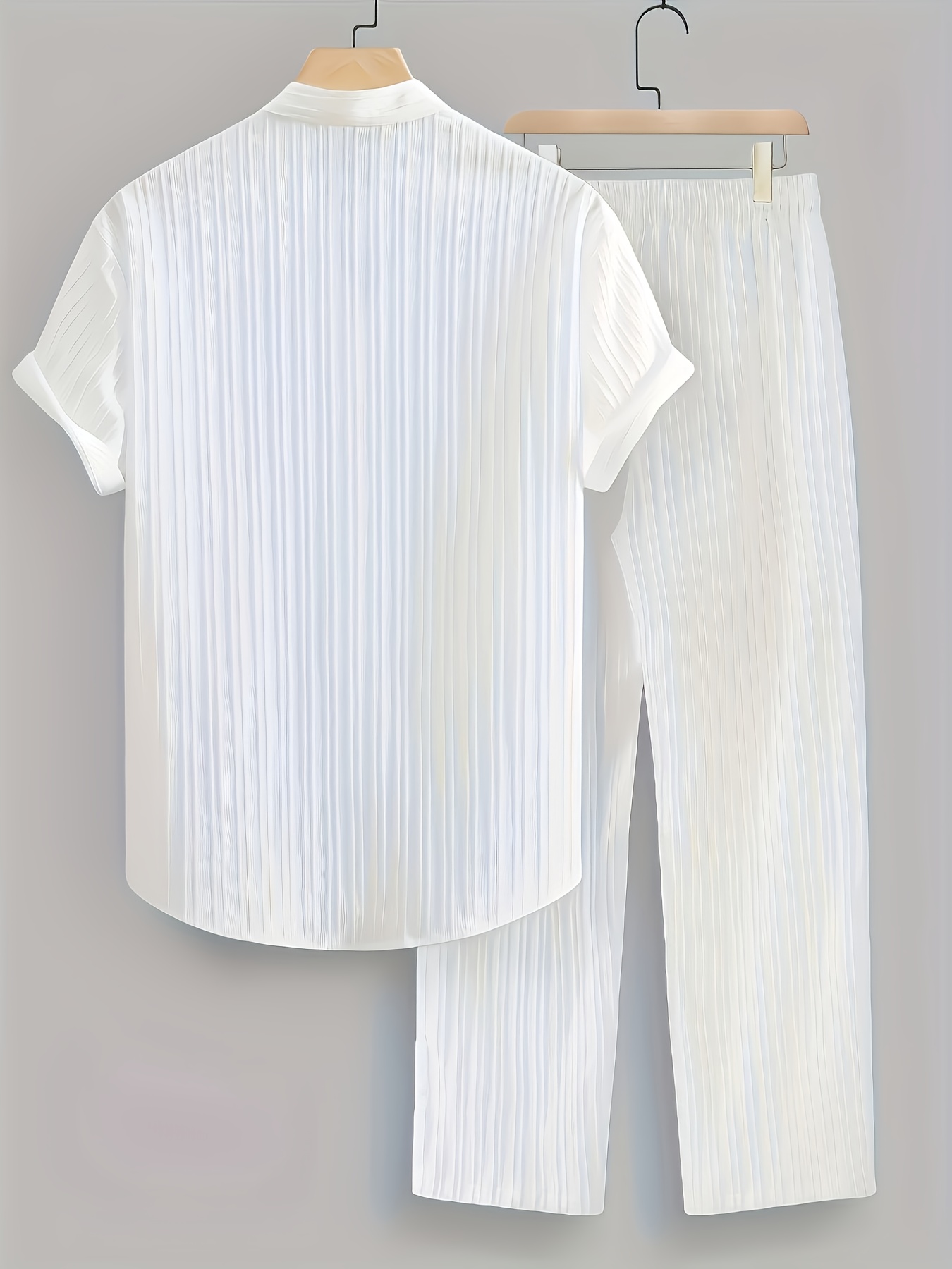 Men's Summer Set with 2 Color Options. Polyester Striped Casual Set - Short Sleeve Lapel Shirt and Drawstring Pants, Non-Stretch Fabric, Regular Fit for Daily and Beach Wear, Beachwear | Casual Summer Wear | 1pc Short Sleeve Shirt + Long Pants Set.