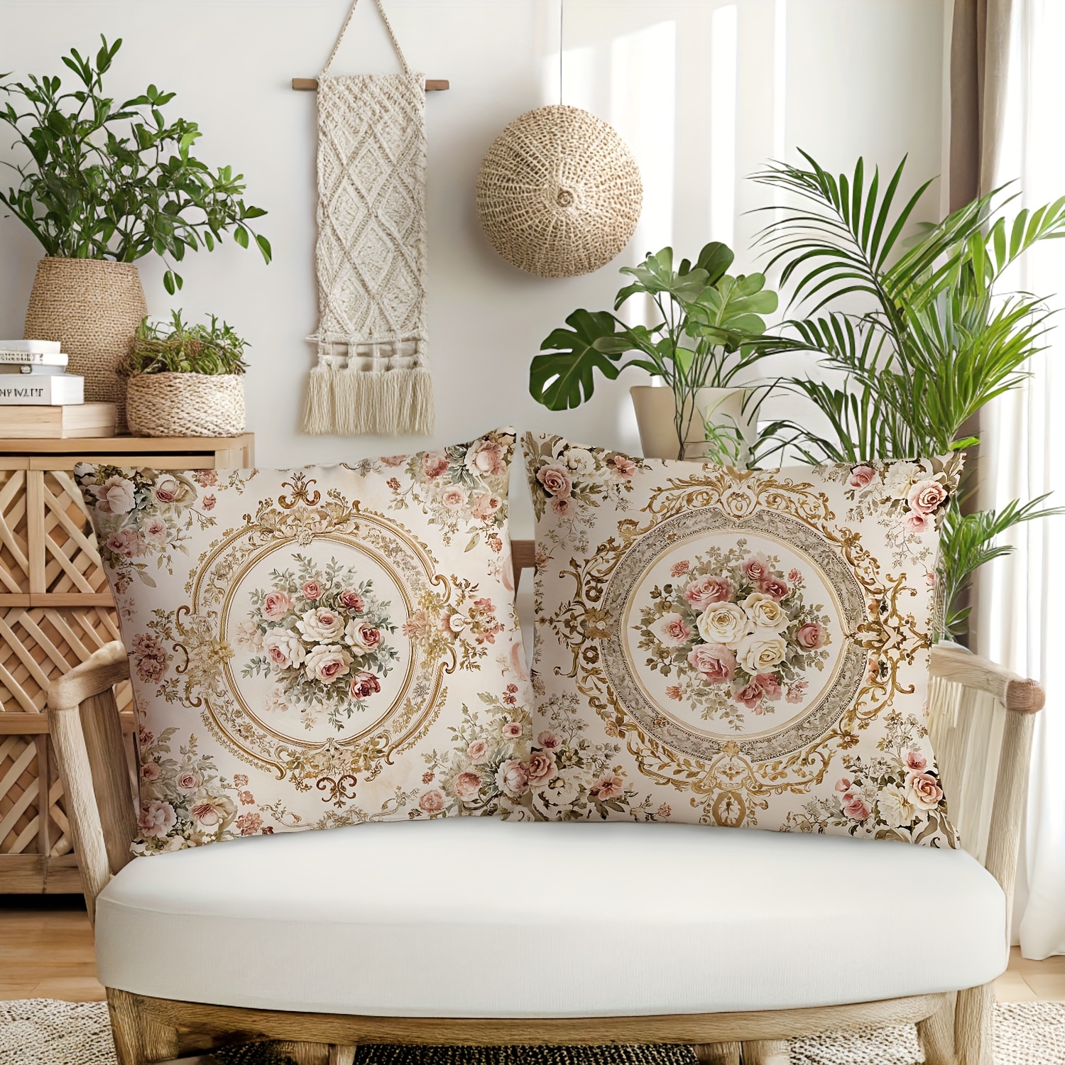 TEMU 2pcs Double-sided Printed Throw Pillow Covers Short Plush Vintage Floral Pillow Covers, Bohemian Style Decorative Cushion Covers, 18 Inch * 18