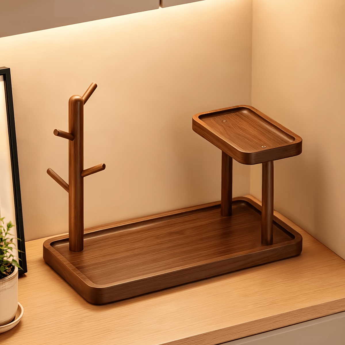 Solid Rubberwood Desktop Key Holder with Hooks and Tray