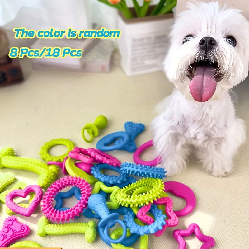 8/18st Willekeurige Verpakking Kauwspeeltjes voor Puppies - Duurzame Thermoplastische Rubberen Bijtspeeltjes voor Kleine Hondenrassen, Interactieve Kauwringen, Touwtrekkoorden, Ster- en Botvormige Ballen - Levendige Kleuren voor Bijtverlichting & Mentale Stimulatie, Hondenspeelgoed
