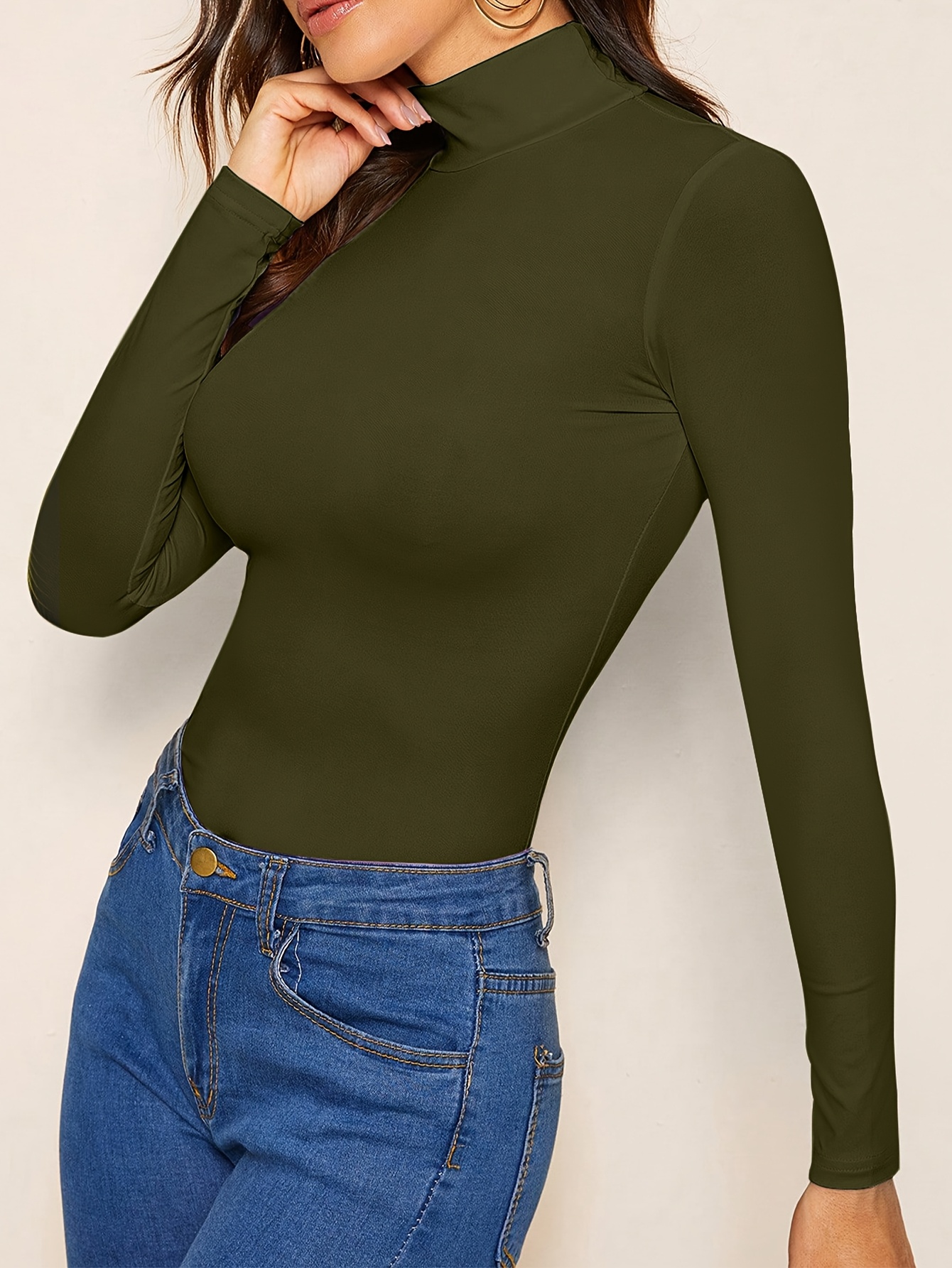 Solid Color Mock Neck T-Shirt, Versatile Long Sleeve T-Shirt For Spring & Fall, Women's Clothing