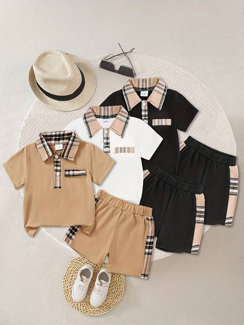 cute boys shirts with button front t shirts elastic waist casual shorts spring soft polyester fabric contrasting trim summer outfit for outdoor