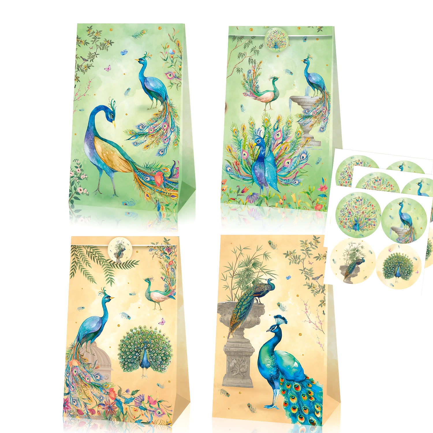 E-shop Pfau Party Papierbeutel, Pfau Partyzubehör, 12 Pfau Papierbeutel + 12 Pfau Aufkleber, Pfau Party Deko Set, Pfau Geschenkverpackungsbeutel,