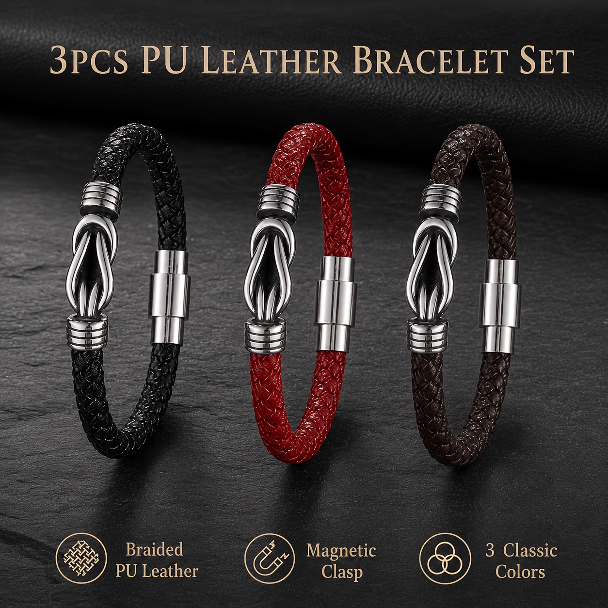 TEMU Conjunto de 3 pulseras retro tejidas a de cuero sintético, pulsera inalámbrica anudada para hombre, pulseras tejidas a para , regalo unisex