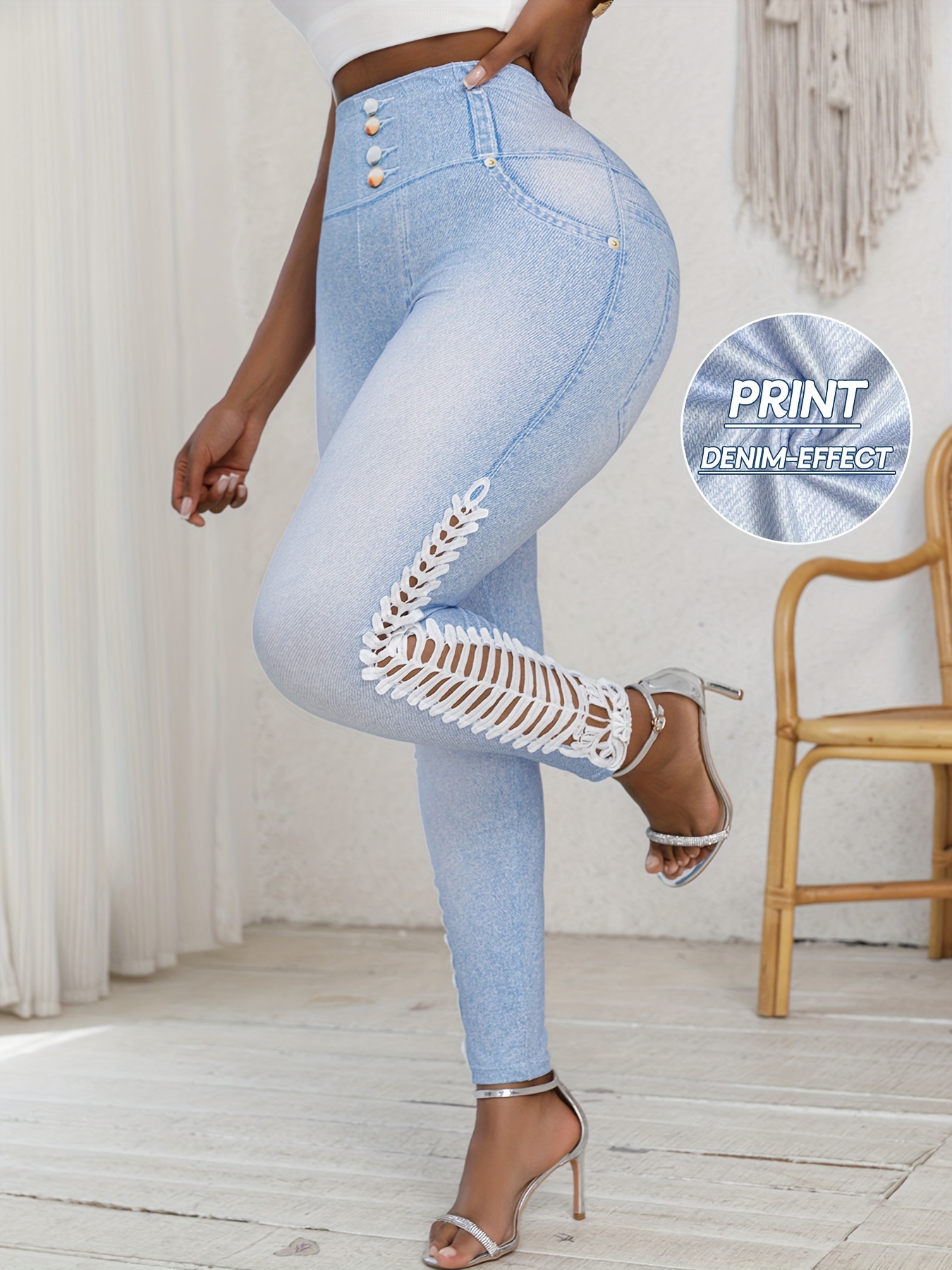 【* denim】Plus Size Plus-Size Women'S High-* Skinny Long Pants with Side  Cut-Out Design And Printed Patterns, Stylish And Comfortabl