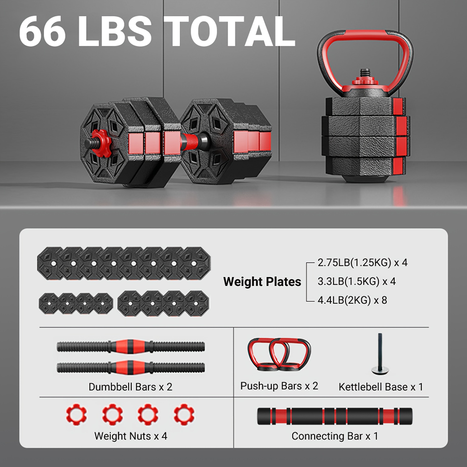 Image of Adjustable Dumbbells - 66lbs/ 30kg Free Weight Set With Connector, 4 In 1 Free Weights Dumbbells For Barbell Kettlebells Push Up, Fitness Exercises For Home Gym Men Women