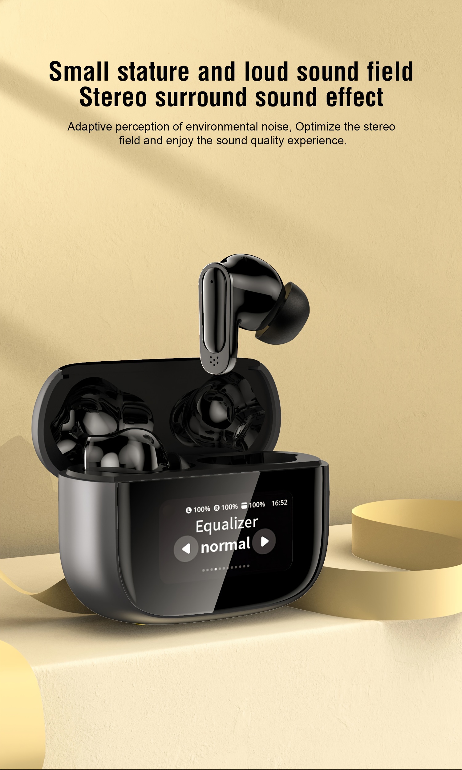 sleek black wireless earbuds with   display   noise canceling long range in ear headphones for sports music gaming hd calls for iphone for   type c charging case included details 3