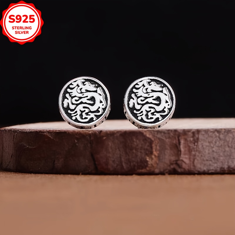 Vintage Dragon Pattern 925 Sterling Silver Stud Earrings