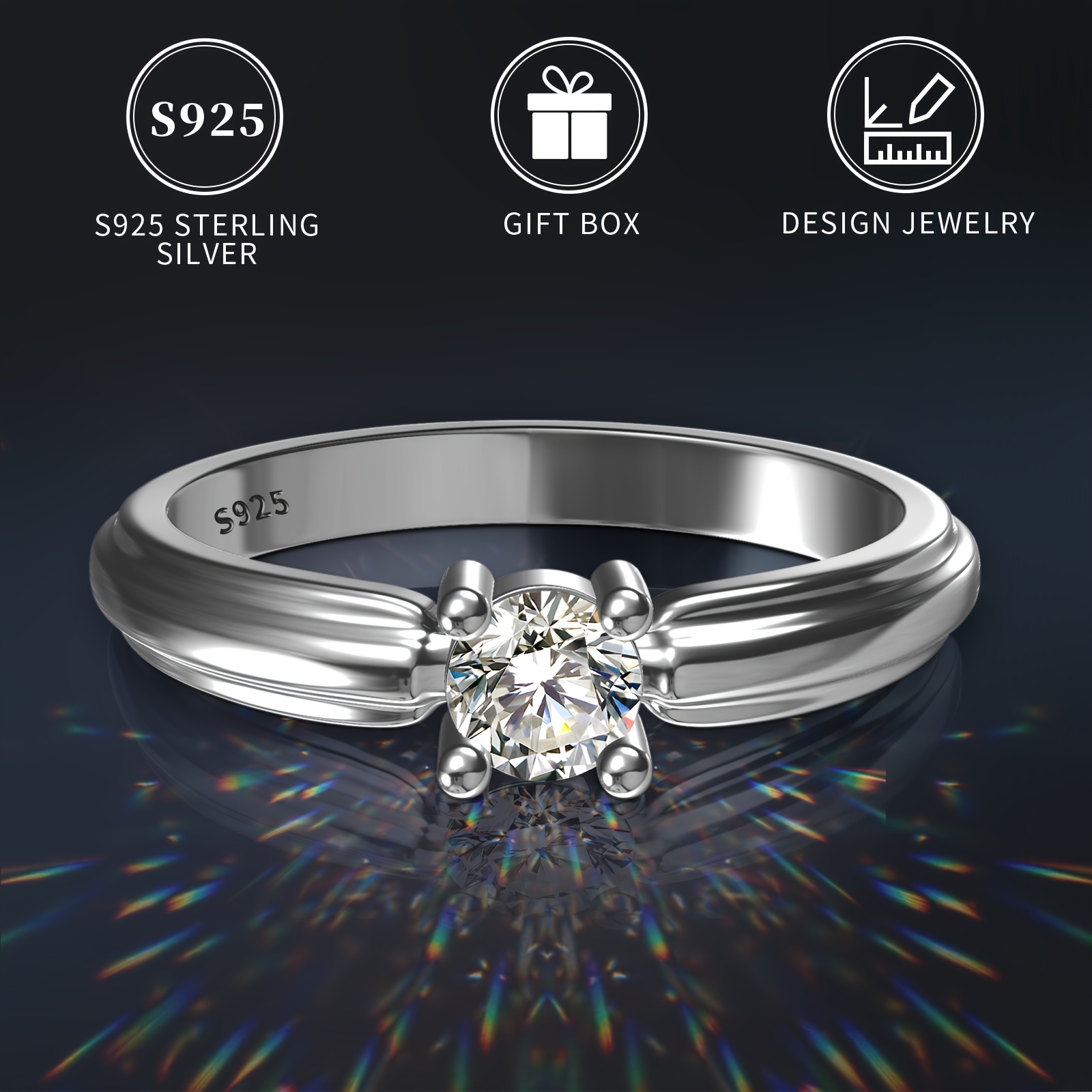 

925 Sterling Silver Solitaire Ring, Round 5a Cubic Zirconia, Solitaire Prong Setting, Elegant Classic Engagement Wedding Band, Daily Party Jewelry With Gift Box, Bling Style Gifts For Women