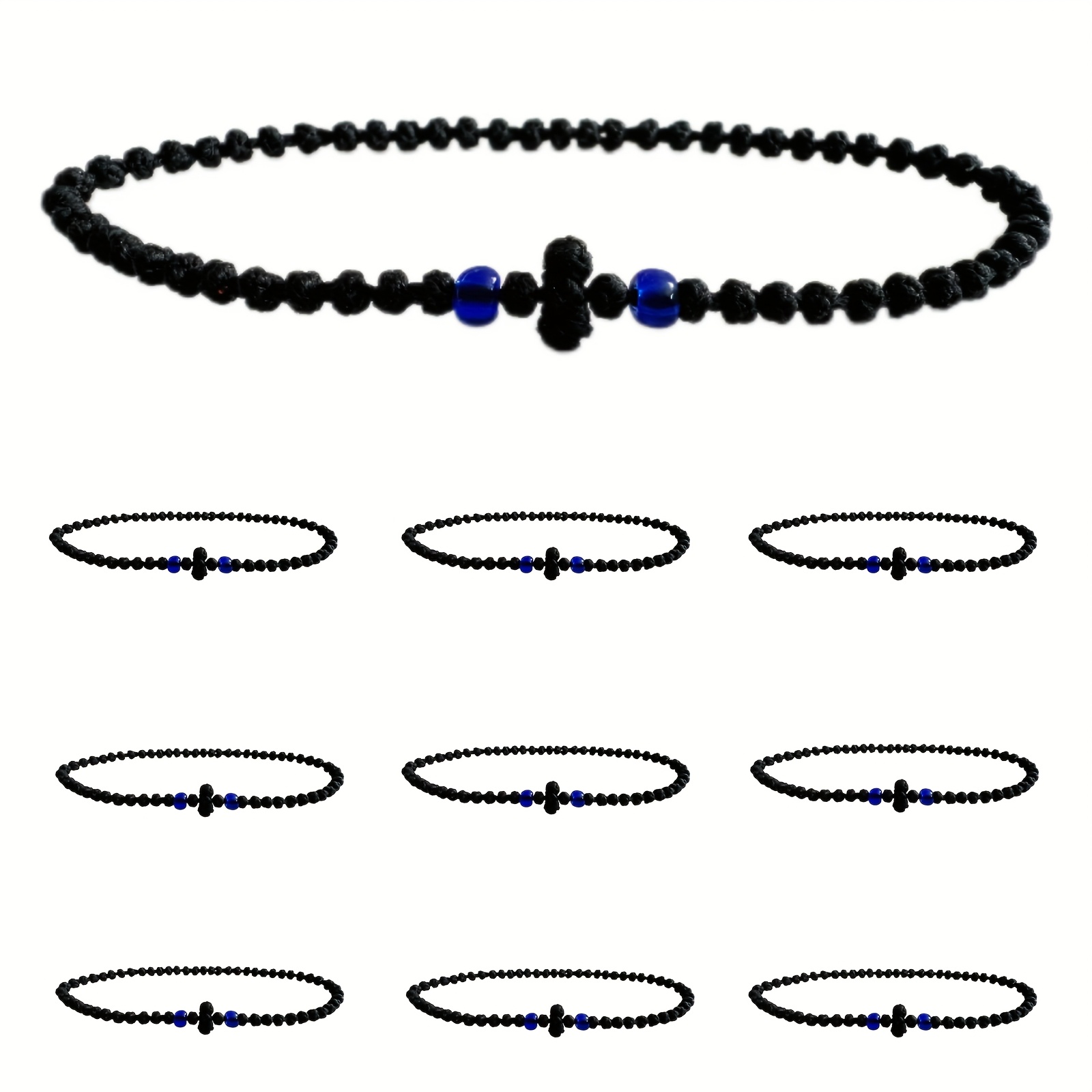 Image of 10pcs/set Easter Gift Handmade Black Cross Beads Men Bracelet, Blessed Greek Christian Orthodox Handmade Rope Komboskoini Chotki Religious Gift Christmas Gift For Men Women Christmas, Halloween