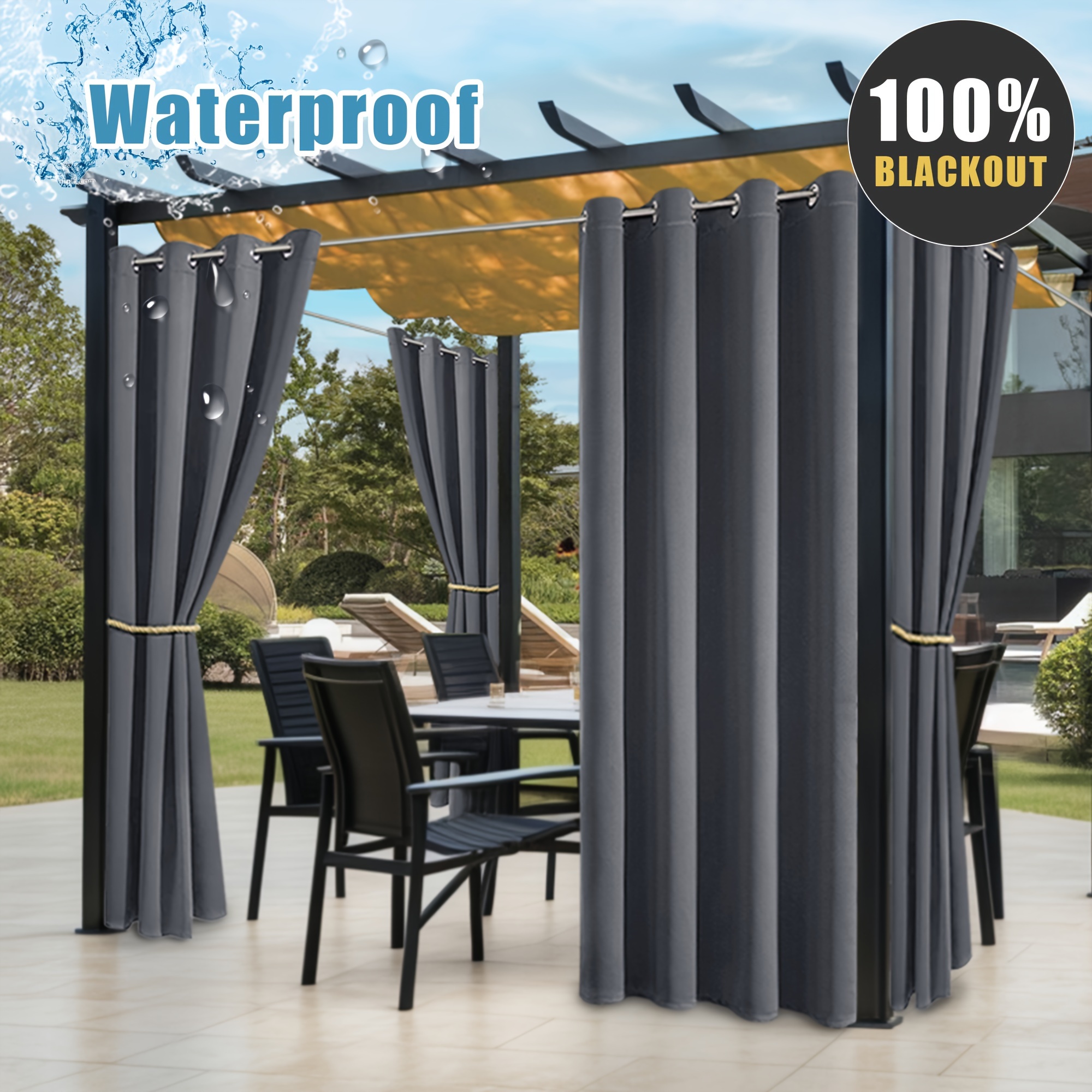 

1pc Waterproof Outdoor Curtain For Patio Pergola, 100% Blackout Uv Protection Grommet Window Drapes, Modern Patio Privacy Sunshade For Porch Canopy