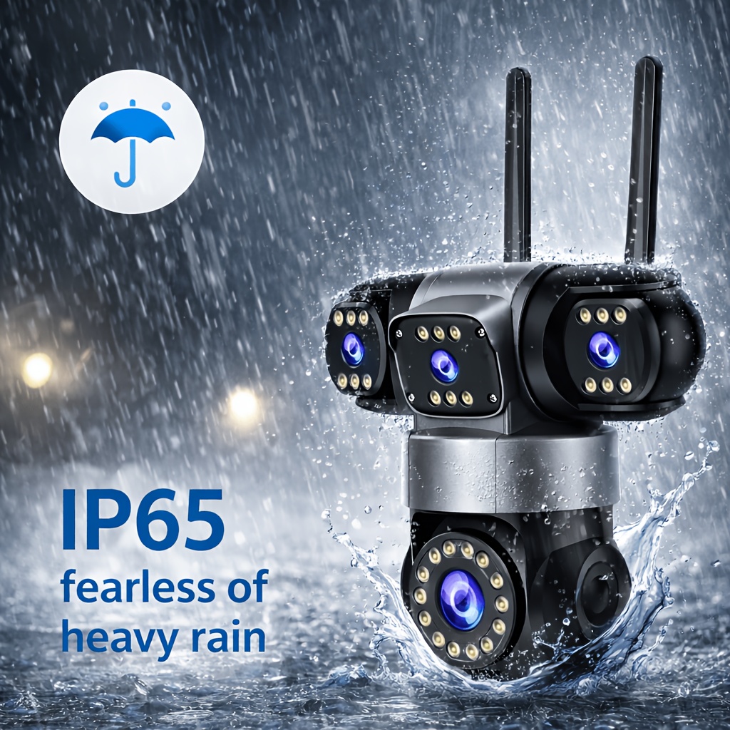 4MP QHD Home Security Outdoor WiFi Camera 4 Lens 4 Screen Home Security Camera (power Adapter Not Included) Outdoor Wireless Camera, 2.4GHz WiFi, 360°PTZ Pan/Tilt Rotation, Motion Detection Tracking, Two-Way Voice Intercom, Full Color Night Vision