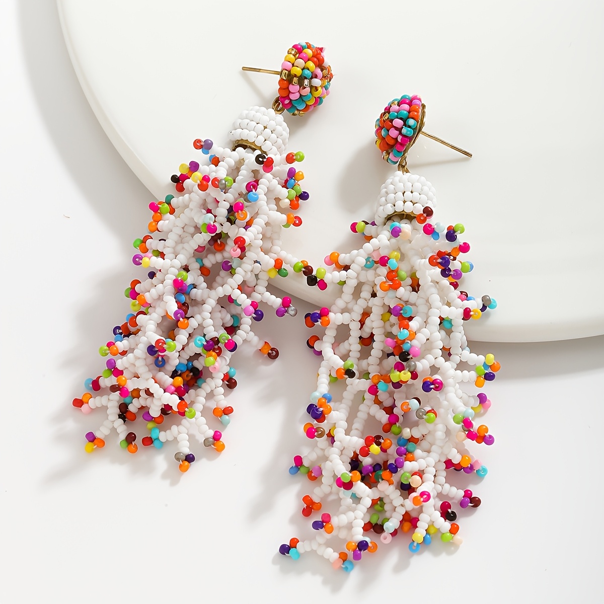 TEMU Boho Cute Beaded Tassel Earrings, Handcrafted Bohemian Style, Stainless Steel Ear Needle, Colorful Bead Dangle, For Women, Daily And Vacation Accessory, All