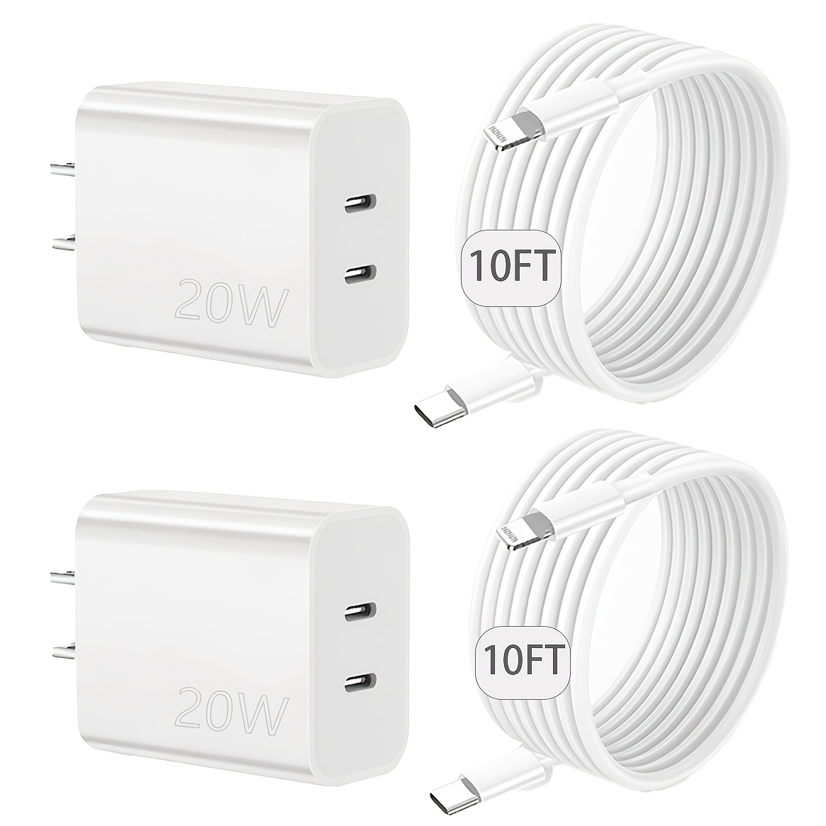 TEMU Dual Type-c 10-foot Extra-long Data Cable Fast Charger For Iphone, Block, For Iphone Usb-c Power Adapter, 10ft Type-c To Lightning Cable For Iphone 14/13/12/11/xr/xs/se/ipad