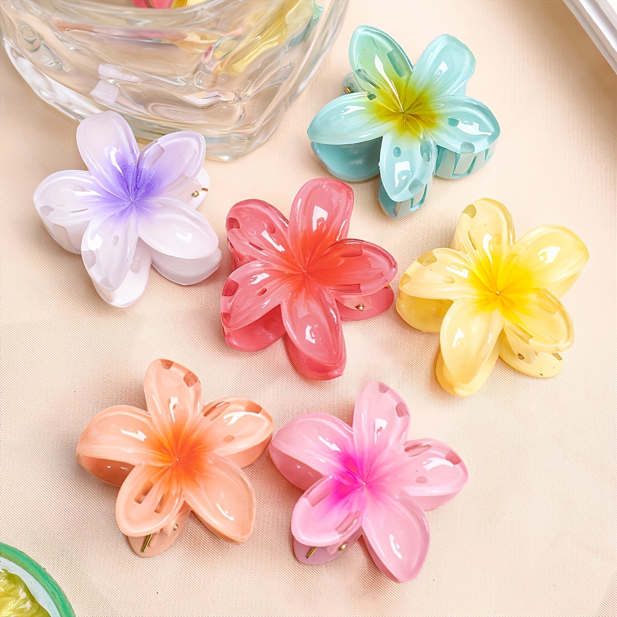 

6pcs Of Jelly Colored Flower Shaped Hair Clips, Elegant And Cute Plastic Hair Clip Set - Floral Shark Hair Ornament