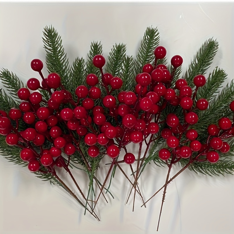 

10 Pcs Christmas Artificial Pine Needles With Red Berries, Home Decoration - No Container Included