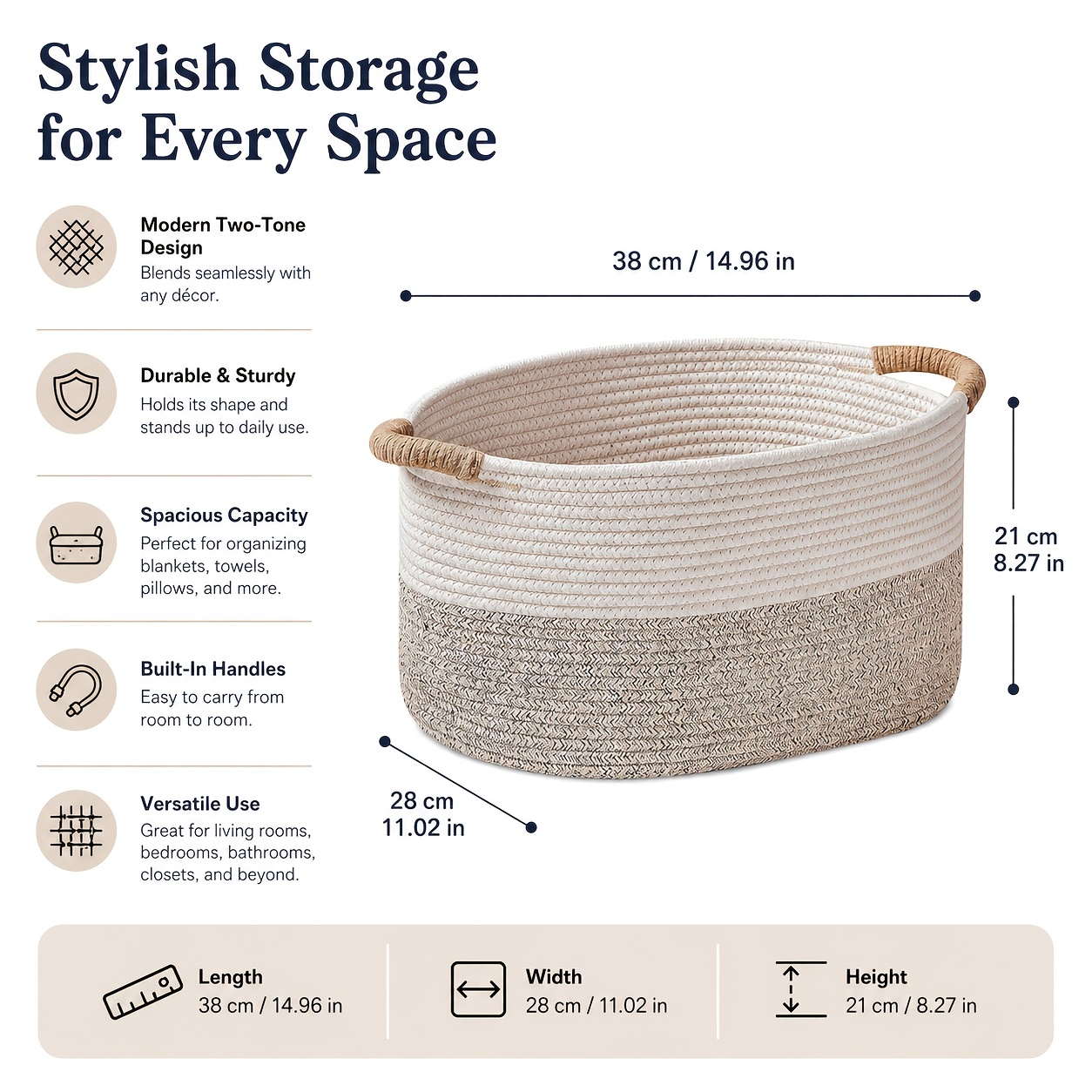 Woven Storage Basket with Handles, Decorative Organizer Bin for Living Room Cabinet, Remote Control Holder, Shelf Storage Basket for Blankets, Towels, Magazines, Books, Entryway And Bedroom Organization, Foldable Rope Basket, Home Decor Basket