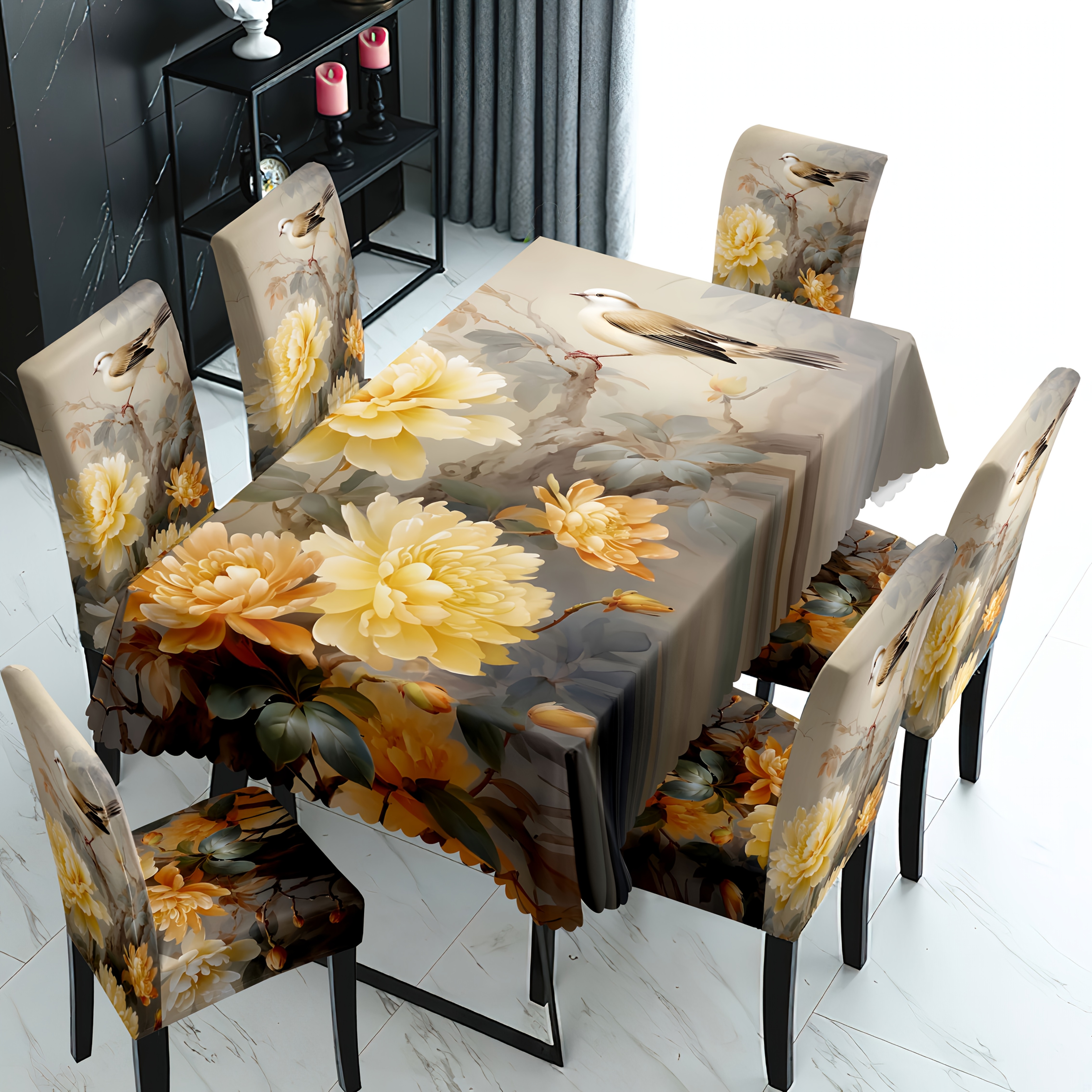 

5/7pcs Classic Chinese Style Floral And Bird Print Tablecloth And Chair Covers Set, Machine Washable Stretchable Polyester And Spandex Fabric, With Band Closure, For Home, Restaurant, And Hotel Decor