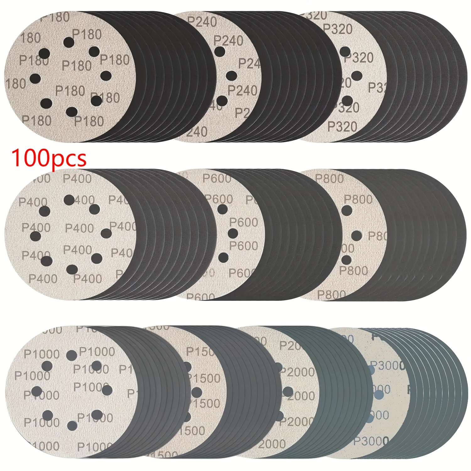 Image of 100pcs Of 5-inch Grinding Wheel Hooks And Rings, 8-hole Wet And Dry Sandpaper 180, 240, 320, 400, 600, 800, 1000, 1500, 2000, 3000 Mixed Sandpaper, Sandpaper For Wood, Automotive, Metal