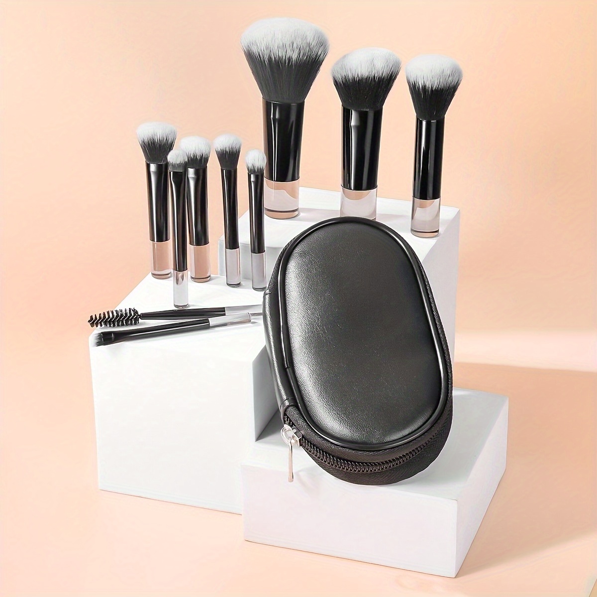 

10-piece Black Portable Nylon Makeup Brush Set With Abs Handles And Storage Case - Unscented, Wand-form Brushes For Types