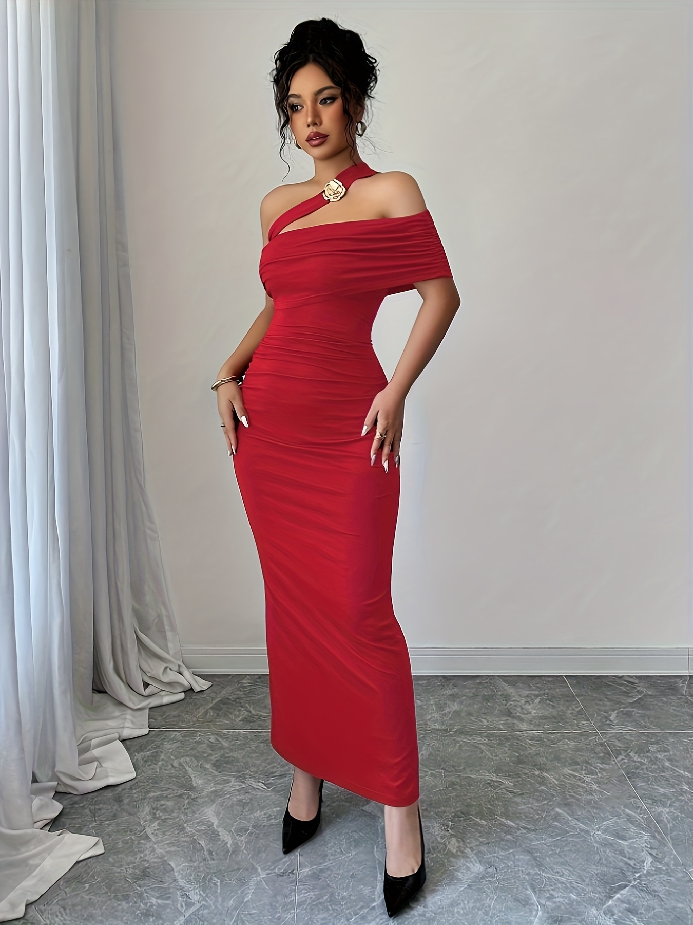 sexy red dress long sleeve Bright Red Long Sleeves V-neck High Slit Formal Dresses , CP0034