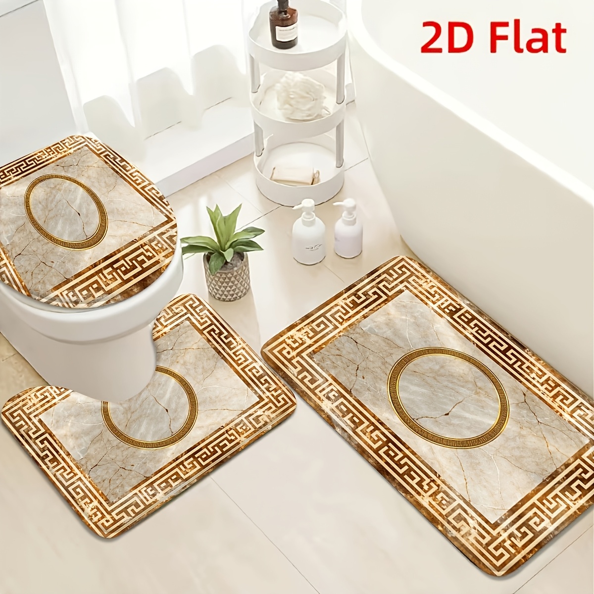 TEMU 2D, Tapis de bain, Absorbant, Ensemble de 3 tapis motif clé grec doré , Ensemble de tapis de bain en flanelle avec tapis de toilette de U et