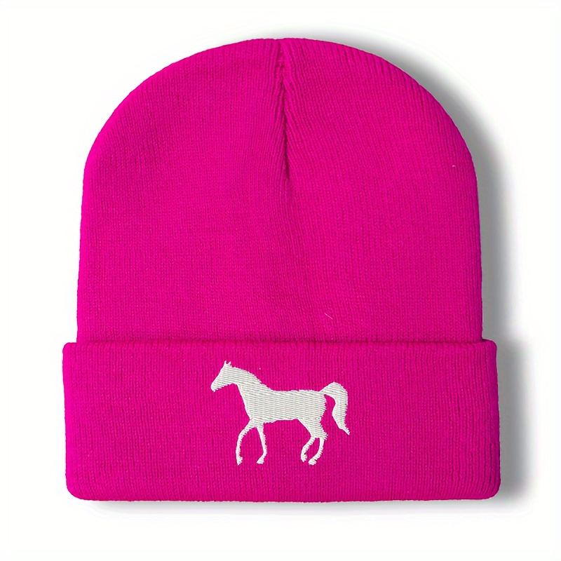 Unisex White Horse Embroidery Autumn Winter Beanie, Rapper Fashion Unbrimmed Cap Men Women Outdoor Warm Hip-hop Thin Hat Soft Comfortable