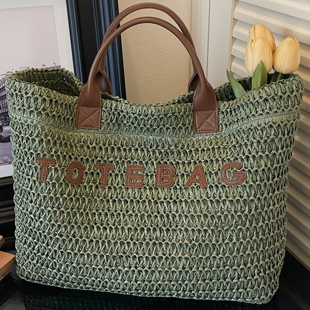 TEMU New Large Capacity Fashionable Woven Women's Handbag, Versatile Minimalist Women's Handbag, Contrast Tote Bag For Daily And Work, Daily Outing