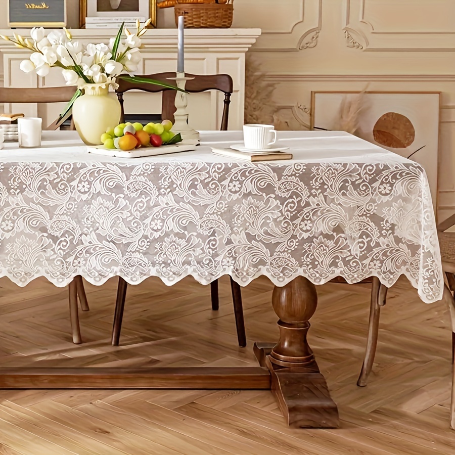 

Elegant Lace Tablecloth Rectangular, Polyester French Romantic Knit Fabric Table Cover, Machine Made Hollow-out Design, Home Dining Table Decoration - 1pc