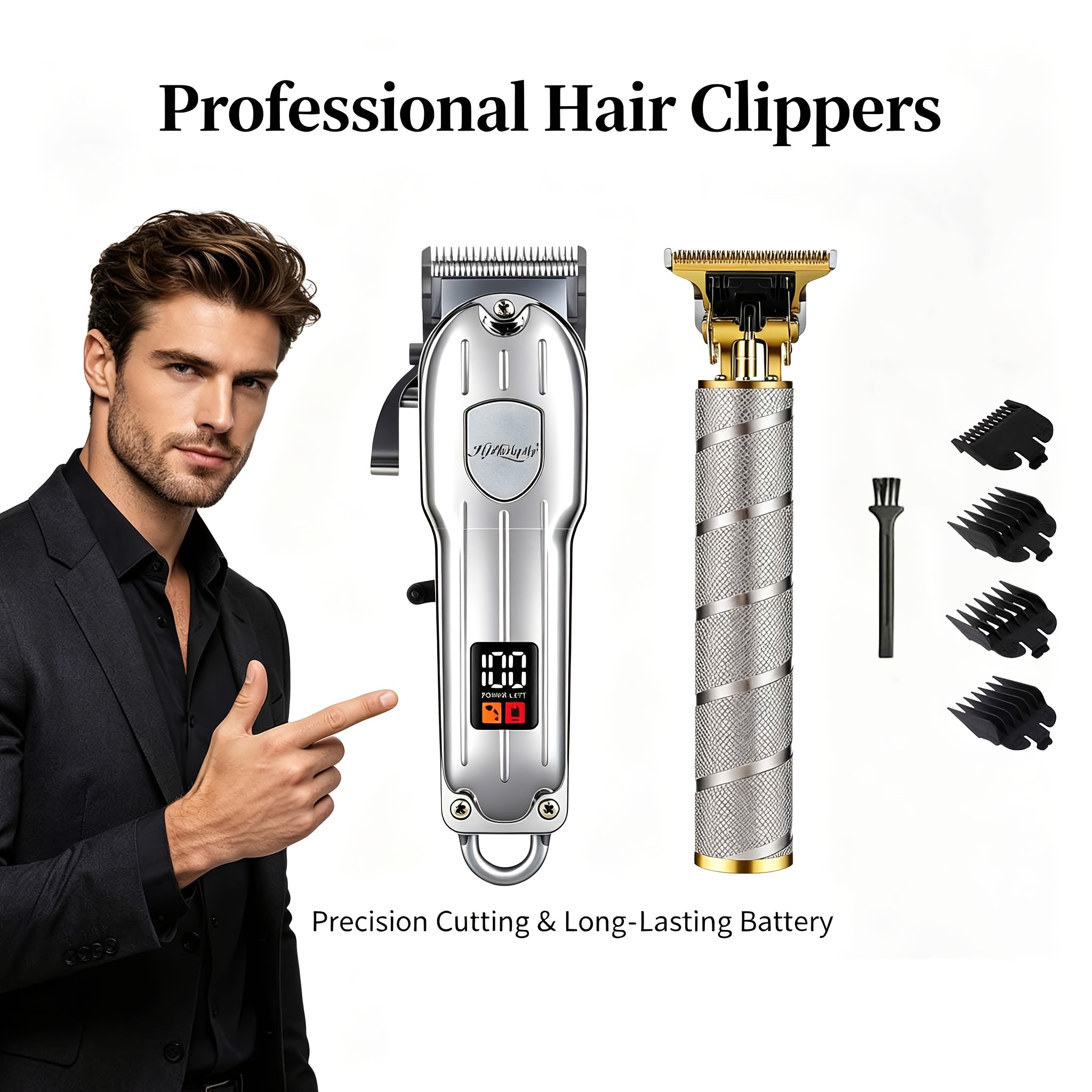 Image of [hjhhhqhy]electric Hair Clipper Set, 2pcs Kit, Professional Rechargeable Clippers, Ultra- Steel , Display, Low Vibration, Suitable For Men, Women, Kids, Home Use, And Hair Salons