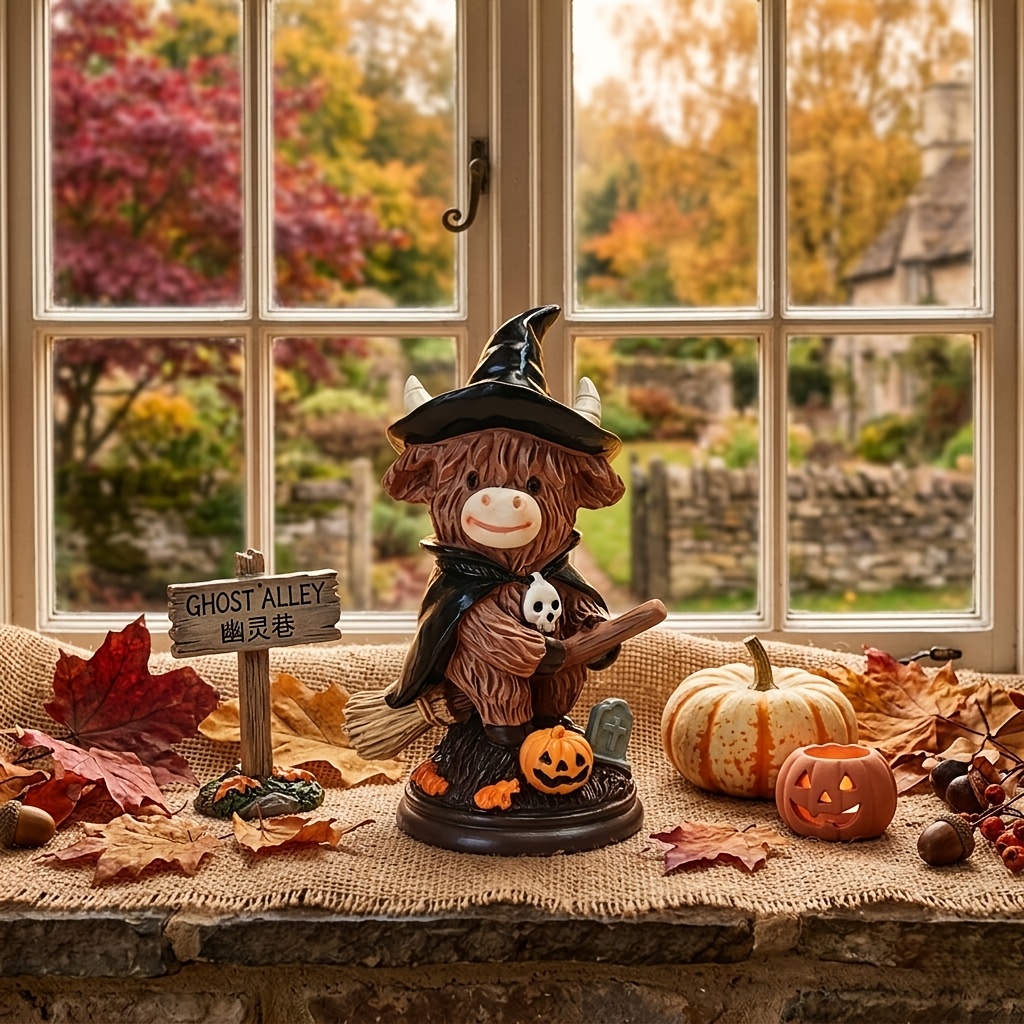 TEMU Adorable Scottish Highland Cow Halloween Ornament - 4-inch Mini Resin Cow Figurine, Cozy Autumn Room Decor And Spooky Gift, Perfect For Desk Or
