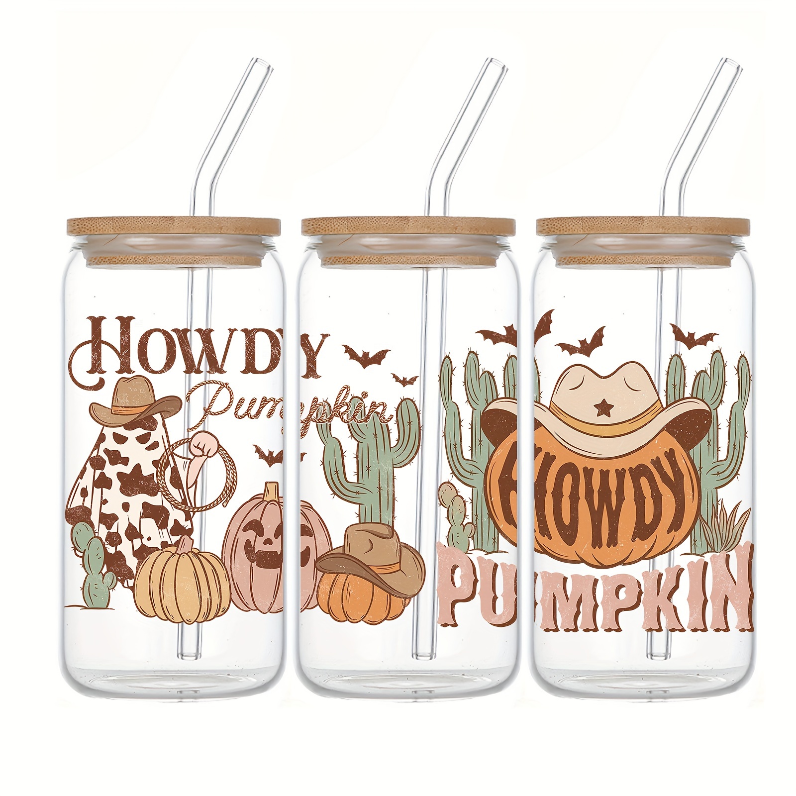 

Pumpkin 16oz Glass With Bamboo Lid & Straw - Uv Printed, Reusable, Iced Coffee, Juice, Milk - Ideal Gift For , Christmas, Thanksgiving