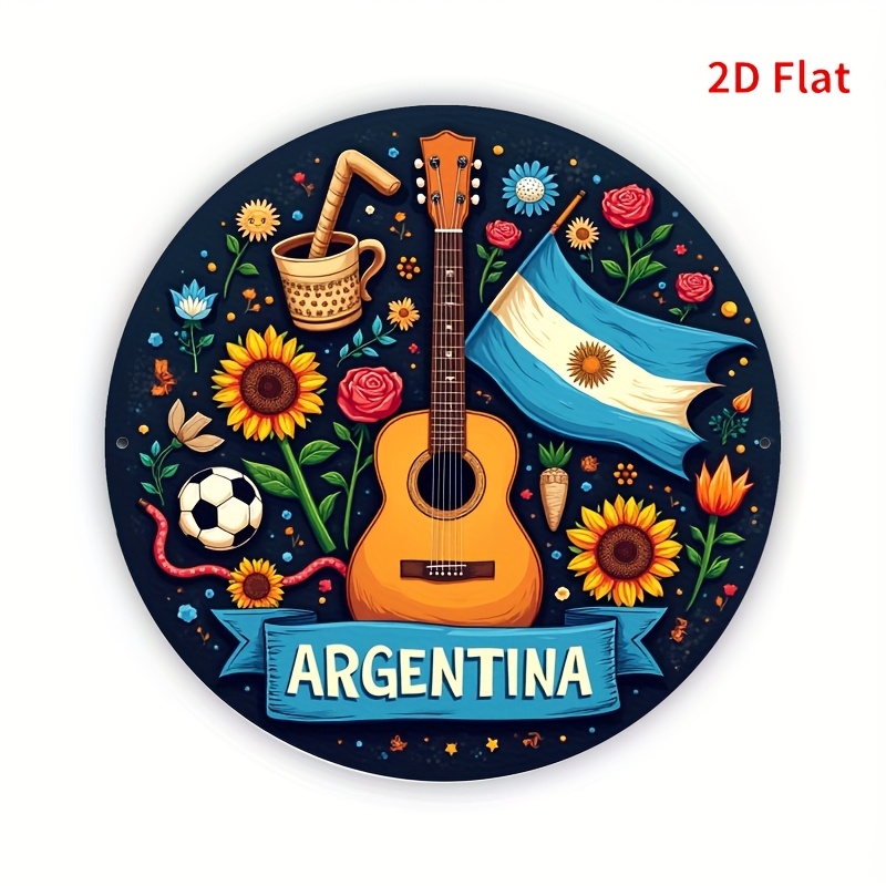 TEMU Placa de aluminio 2D , 1 pieza con tema "Colección Estilo ", como guitarras, banderas, balones de fútbol y yerba mate, presentando un logo