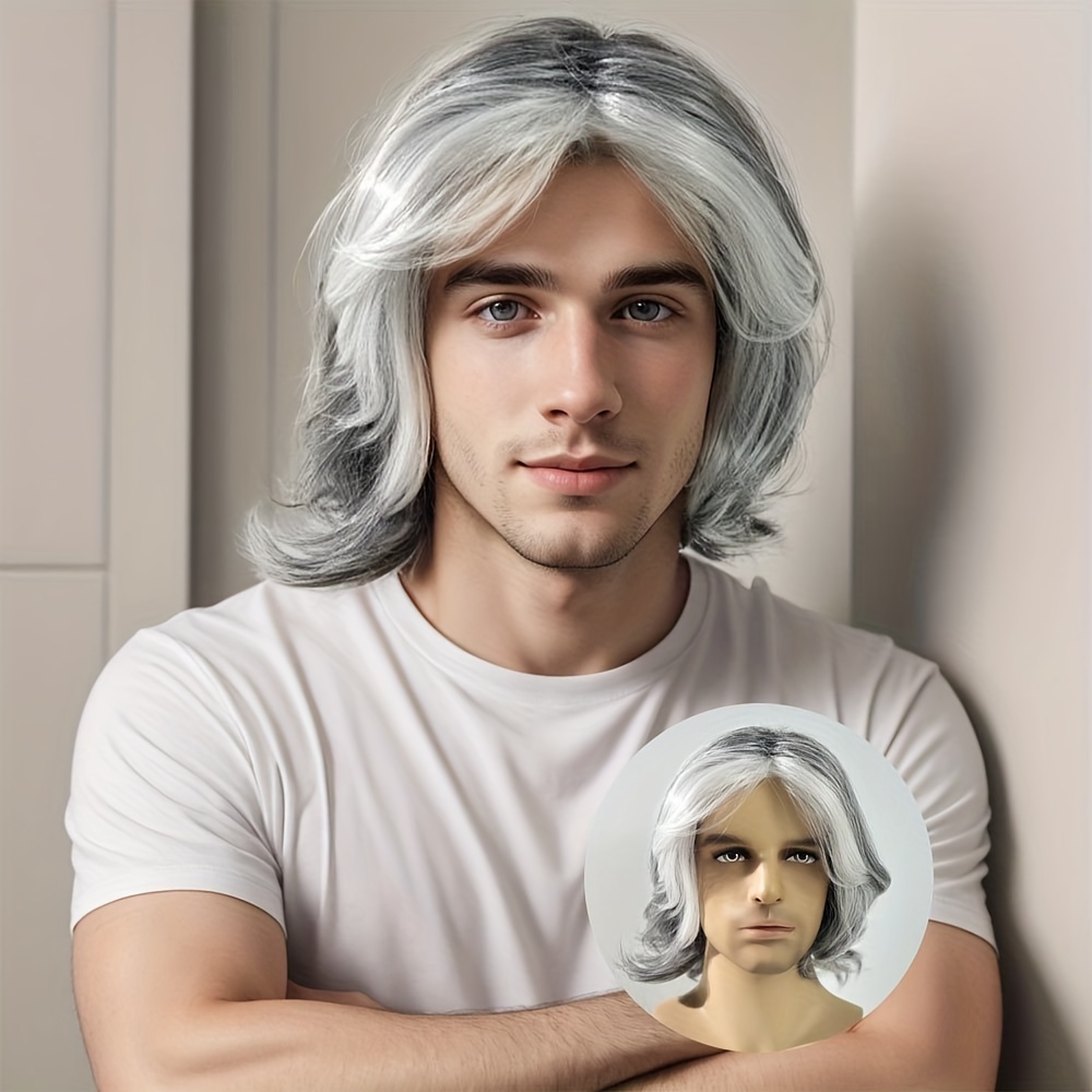 

Men's Short Curly Gray White Wig, High-temperature Fiber, Elegant Style, Cap, 150% Density, Texture, Unisex, All